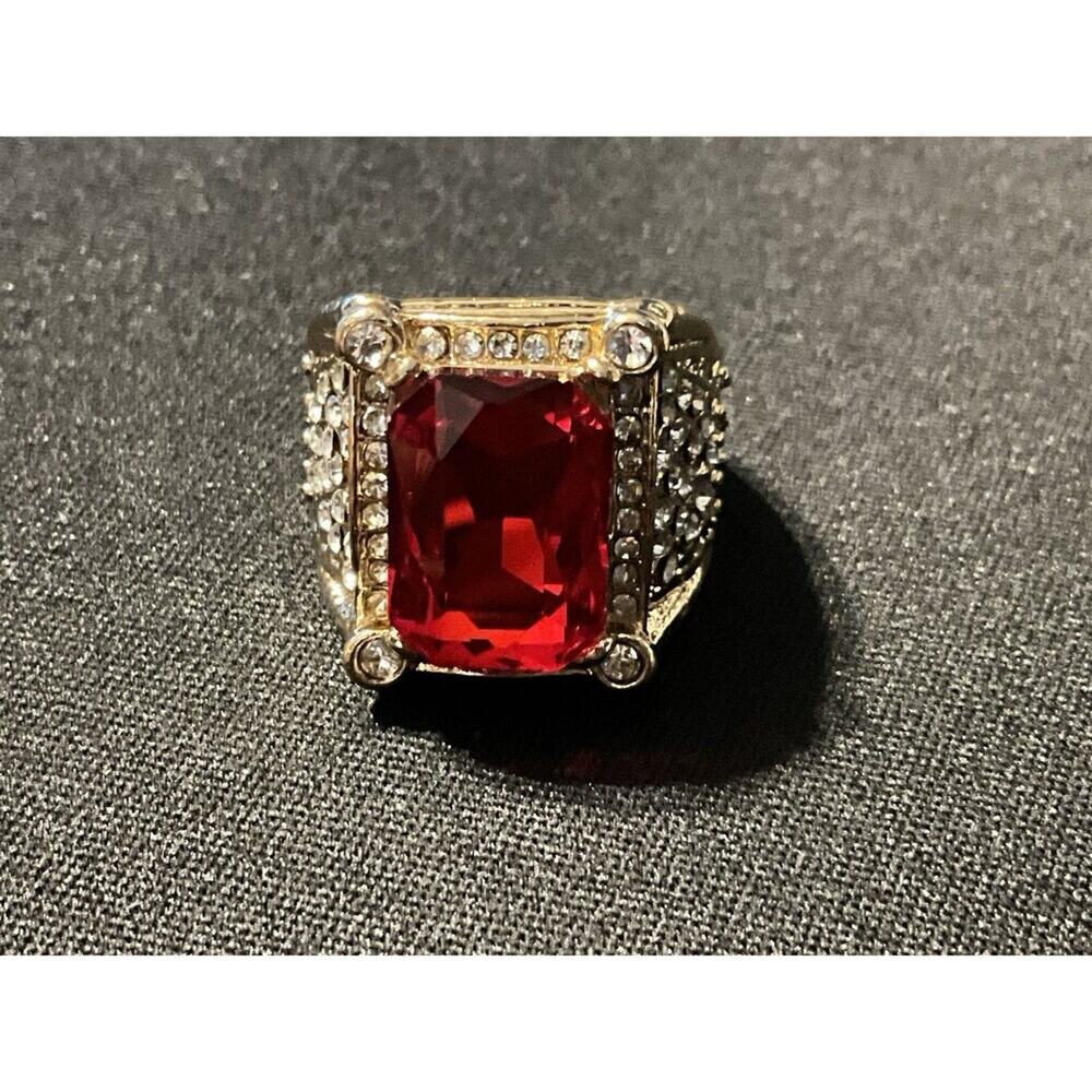 Men’s Size 8.25 Red Faceted Rhinestone Gold Plated RIng